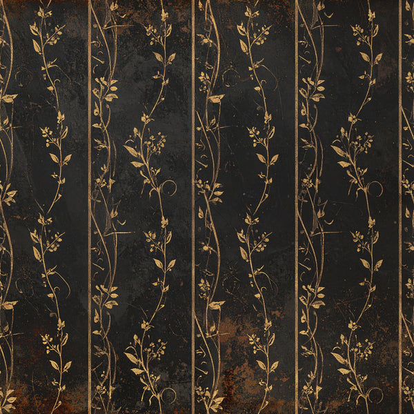 charcoal black, gold, bronze, antique gold, botanical, floral, climbing vines, delicate flowers, vintage, elegant, traditional, classical, damask-inspired, nature-inspired, botanical illustration, timeless, sophisticated, romantic, ornate, leaf motifs, flowering branches, trailing vines, ornamental, heritage, nostalgic, victorian, transitional style, luxury, refined aesthetic