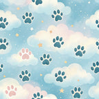 dog paws, paw prints, sky blue, soft pink, cream white, golden stars, fluffy clouds, dreamy pattern, whimsical design, pastel colors,, fabric panel, pet themed, celestial elements, gentle mood, nursery decor, scattered motifs, playful design, soft textures, animal prints