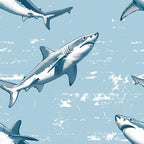 light blue, powder blue, white, sharks, marine animals, ocean creatures, swimming sharks, distressed texture, vintage style, weathered look, nautical theme, sea life, predator fish, repeating pattern,, fabric panel, ocean themed, aquatic design, sketched illustration, monochromatic