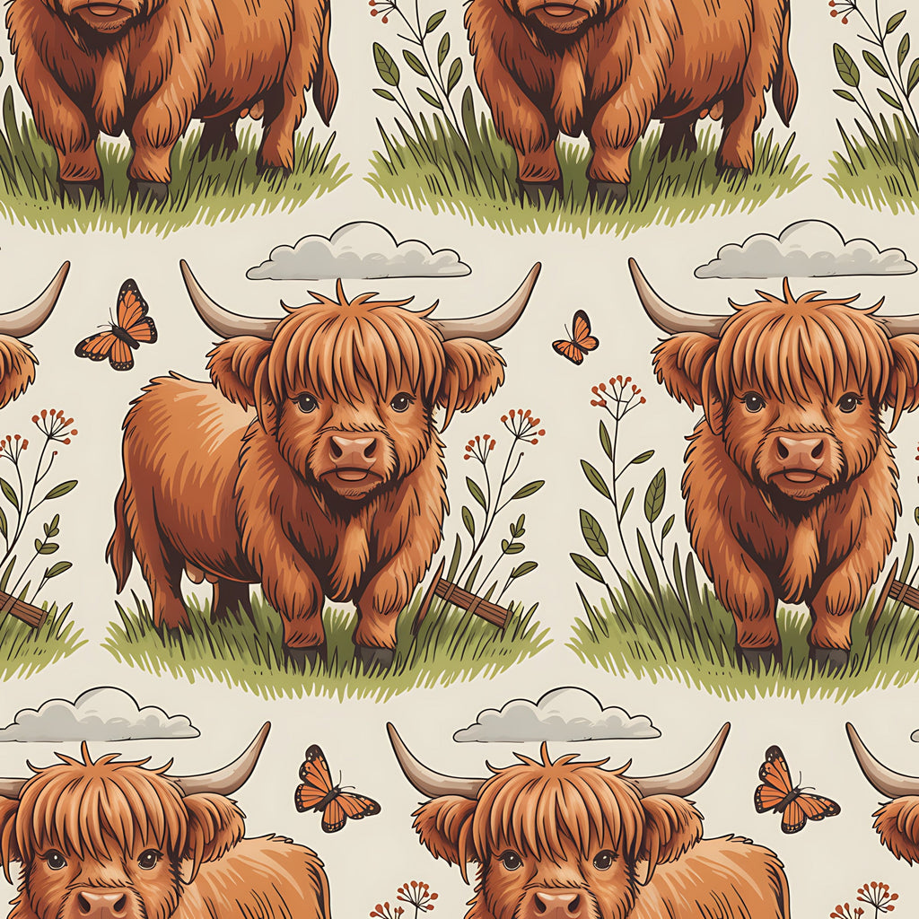 cartoon highland cows, orange brown fur, russet color, pastoral scene, green grass, butterflies, wildflowers, clouds, horned cattle, repeating pattern,, fabric panel, whimsical art style, farm animals, countryside theme, cute illustration, nature elements, peaceful mood, craft fabric, sewing material