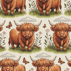 cartoon highland cows, orange brown fur, russet color, pastoral scene, green grass, butterflies, wildflowers, clouds, horned cattle, repeating pattern,, fabric panel, whimsical art style, farm animals, countryside theme, cute illustration, nature elements, peaceful mood, craft fabric, sewing material