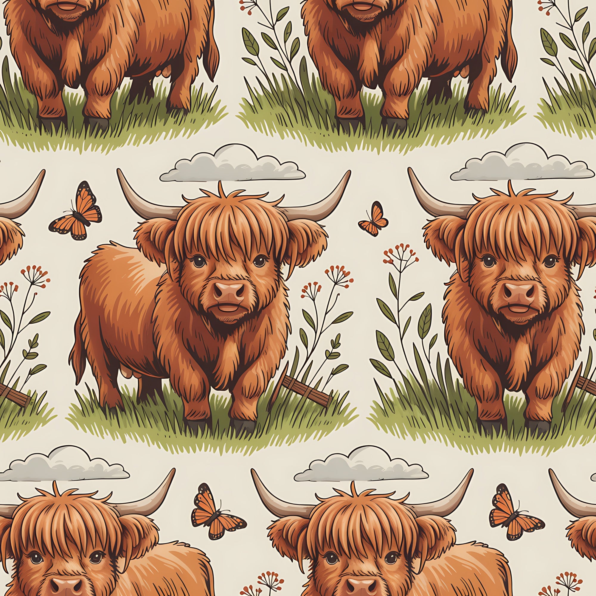 cartoon highland cows, orange brown fur, russet color, pastoral scene, green grass, butterflies, wildflowers, clouds, horned cattle, repeating pattern,, fabric panel, whimsical art style, farm animals, countryside theme, cute illustration, nature elements, peaceful mood, craft fabric, sewing material
