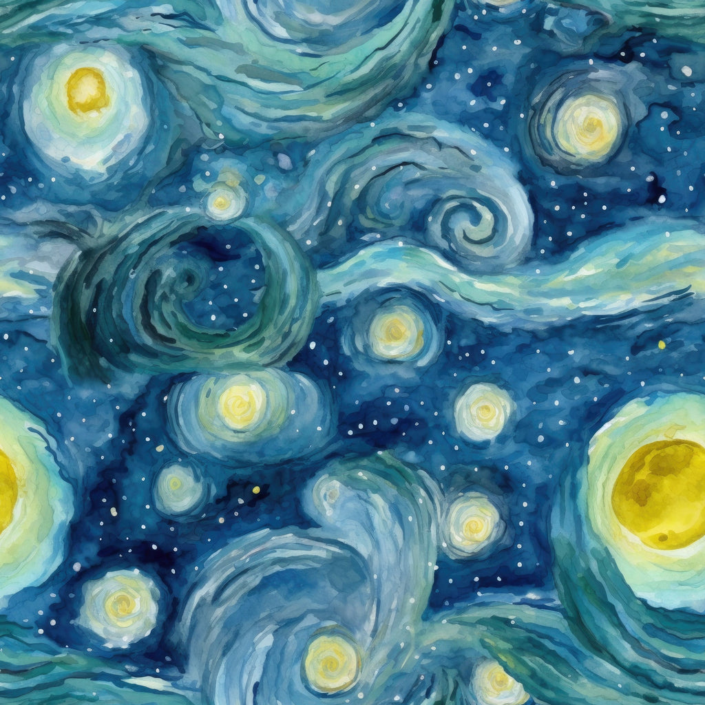 starry night, swirling patterns, celestial design, navy blue, turquoise, yellow stars, white dots, spiral motifs, dreamy sky, nighttime scene, post-impressionist style, van gogh inspired,, fabric panel, cosmic theme, flowing movement, luminous orbs, deep blues, whimsical atmosphere, artistic print
