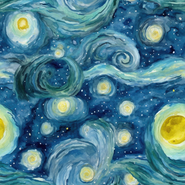 starry night, swirling patterns, celestial design, navy blue, turquoise, yellow stars, white dots, spiral motifs, dreamy sky, nighttime scene, post-impressionist style, van gogh inspired,, fabric panel, cosmic theme, flowing movement, luminous orbs, deep blues, whimsical atmosphere, artistic print