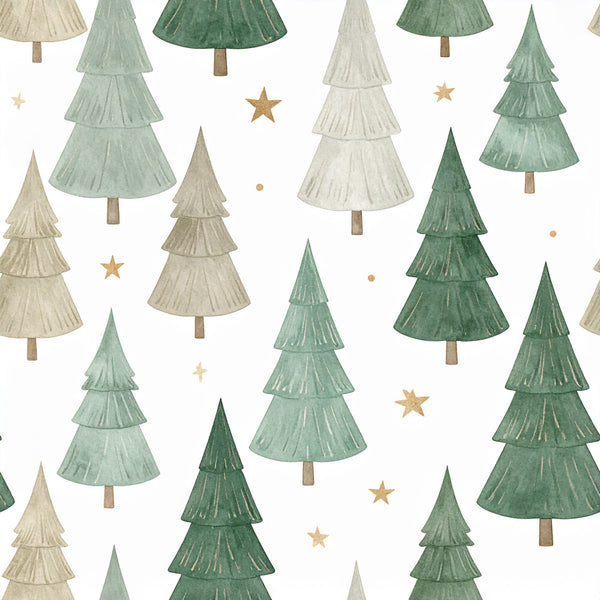 forest green, sage green, cream, beige, tan, light green, dark green, christmas, holiday, winter, trees, evergreen, stars, celestial, nature, woodland, rustic, whimsical, traditional, kids, children, nursery, playroom, baby, festive, pine trees, gold accents, layered trees, cozy, seasonal
