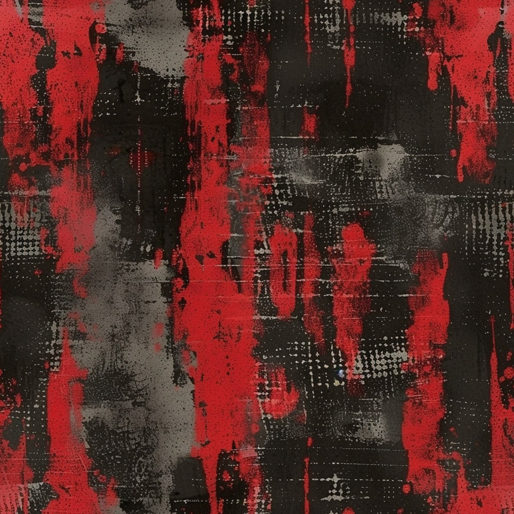 red, black, gray, grunge pattern, distressed texture, abstract design, urban style, weathered look, splattered paint, industrial aesthetic,, fabric panel, edgy mood, contemporary art, textured surface, paint drips, gritty texture, modern design, artistic pattern, dark palette