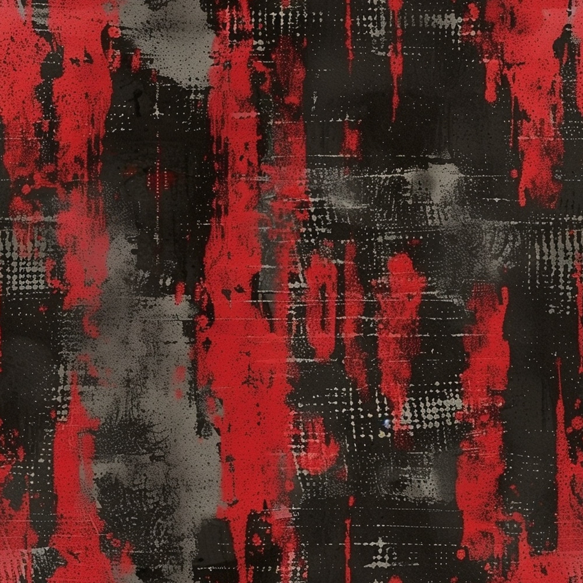 red, black, gray, grunge pattern, distressed texture, abstract design, urban style, weathered look, splattered paint, industrial aesthetic,, fabric panel, edgy mood, contemporary art, textured surface, paint drips, gritty texture, modern design, artistic pattern, dark palette