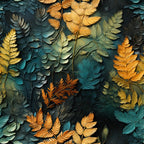 teal, orange, golden yellow, sage green, burnt orange, fern leaves, tropical foliage, botanical pattern, layered leaves, autumn colors,, fabric panel, nature motif, dimensional effect, textured appearance, seasonal transition, warm tones, cool tones, organic shapes, artistic rendering