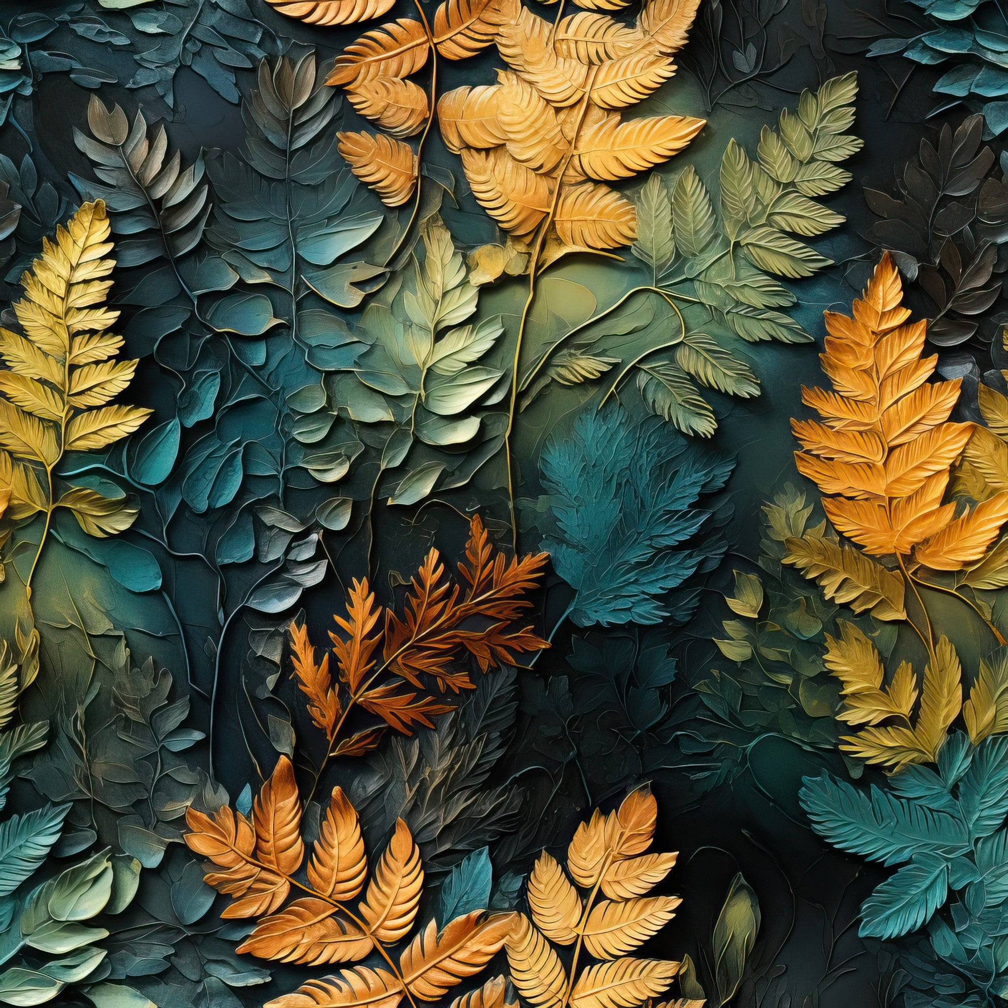 teal, orange, golden yellow, sage green, burnt orange, fern leaves, tropical foliage, botanical pattern, layered leaves, autumn colors,, fabric panel, nature motif, dimensional effect, textured appearance, seasonal transition, warm tones, cool tones, organic shapes, artistic rendering