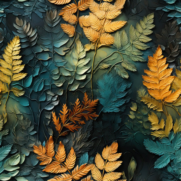 teal, orange, golden yellow, sage green, burnt orange, fern leaves, tropical foliage, botanical pattern, layered leaves, autumn colors,, fabric panel, nature motif, dimensional effect, textured appearance, seasonal transition, warm tones, cool tones, organic shapes, artistic rendering