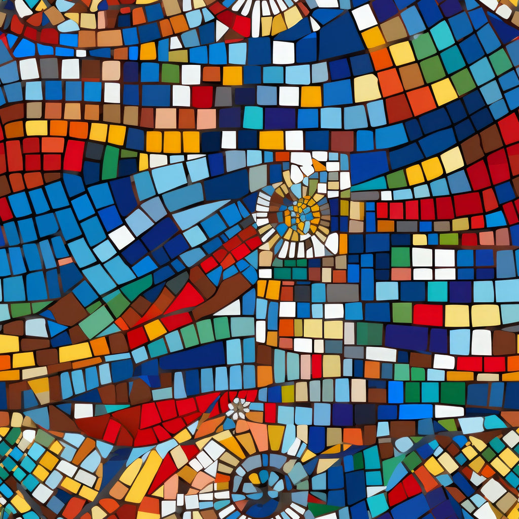 mosaic pattern, geometric design, spiral motifs, blue tiles, red tiles, orange tiles, yellow tiles, white tiles, green tiles, brown tiles, multicolored, tessellation, circular swirls, radiating pattern, abstract art, contemporary style, vibrant colors,, fabric panel, kaleidoscope effect