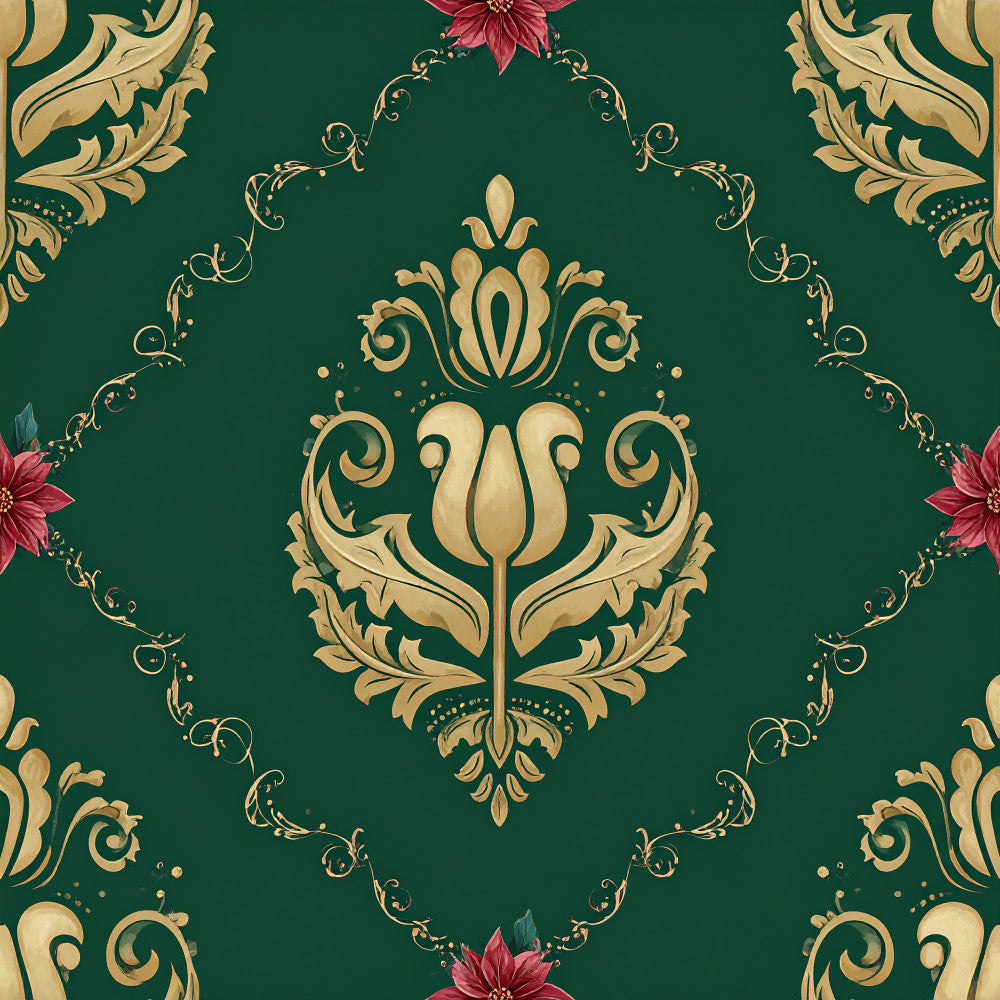 forest green, gold, cream, burgundy red, damask, floral, ornamental, baroque, vintage, elegant, traditional, luxurious, tulip, scrollwork, acanthus leaf, decorative, classic, botanical, sophisticated, romantic, timeless, ornate, jewel tone, medallion, symmetrical, home decor, upholstery style, victorian, renaissance inspired