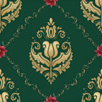 forest green, gold, cream, burgundy red, damask, floral, ornamental, baroque, vintage, elegant, traditional, luxurious, tulip, scrollwork, acanthus leaf, decorative, classic, botanical, sophisticated, romantic, timeless, ornate, jewel tone, medallion, symmetrical, home decor, upholstery style, victorian, renaissance inspired