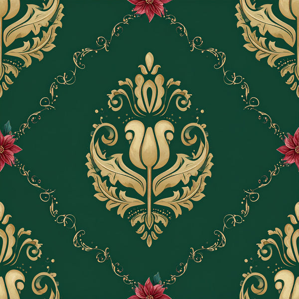 forest green, gold, cream, burgundy red, damask, floral, ornamental, baroque, vintage, elegant, traditional, luxurious, tulip, scrollwork, acanthus leaf, decorative, classic, botanical, sophisticated, romantic, timeless, ornate, jewel tone, medallion, symmetrical, home decor, upholstery style, victorian, renaissance inspired
