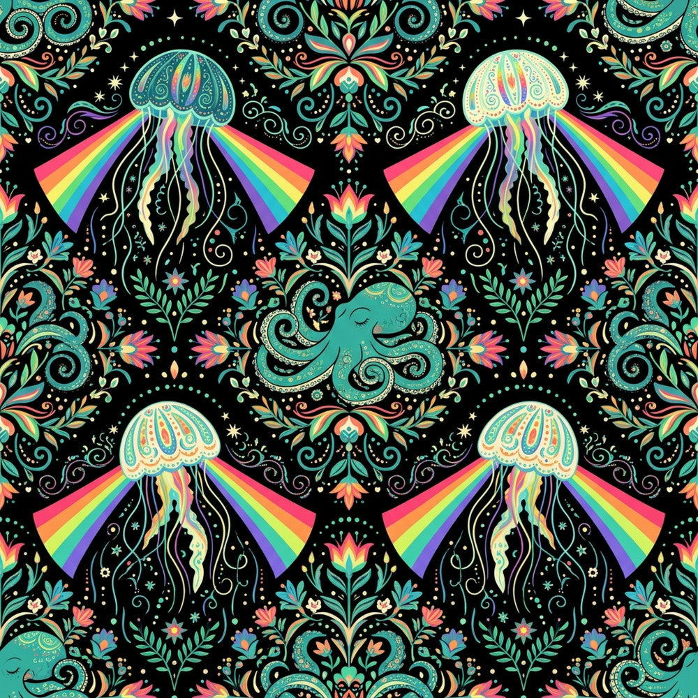 rainbow jellyfish, celestial, whimsical, bohemian, turquoise, coral pink, navy black, psychedelic, ocean creatures, octopus, jellyfish with rainbows, magical, fantasy, decorative florals, ornamental swirls, stars, mystical, playroom, kids room, nursery, colorful, vibrant, retro, groovy, nature inspired, sea life, underwater theme, artistic, imaginative, children's decor