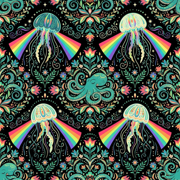 rainbow jellyfish, celestial, whimsical, bohemian, turquoise, coral pink, navy black, psychedelic, ocean creatures, octopus, jellyfish with rainbows, magical, fantasy, decorative florals, ornamental swirls, stars, mystical, playroom, kids room, nursery, colorful, vibrant, retro, groovy, nature inspired, sea life, underwater theme, artistic, imaginative, children's decor