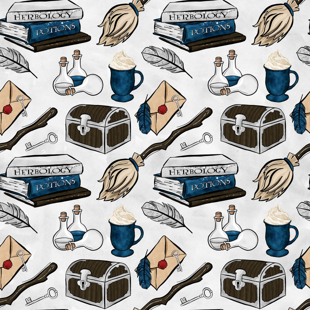 wizard themed, magic school, herbology books, potion bottles, broomsticks, treasure chest, feather quills, wax sealed letters, blue mugs, cotton fabric, quilting panel, fantasy pattern, magical elements, brown chest, blue accents, beige background, witchcraft supplies, spell books, mystical items, repeating motifs