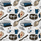 wizard themed, magic school, herbology books, potion bottles, broomsticks, treasure chest, feather quills, wax sealed letters, blue mugs, cotton fabric, quilting panel, fantasy pattern, magical elements, brown chest, blue accents, beige background, witchcraft supplies, spell books, mystical items, repeating motifs