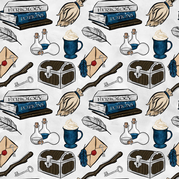 wizard themed, magic school, herbology books, potion bottles, broomsticks, treasure chest, feather quills, wax sealed letters, blue mugs, cotton fabric, quilting panel, fantasy pattern, magical elements, brown chest, blue accents, beige background, witchcraft supplies, spell books, mystical items, repeating motifs