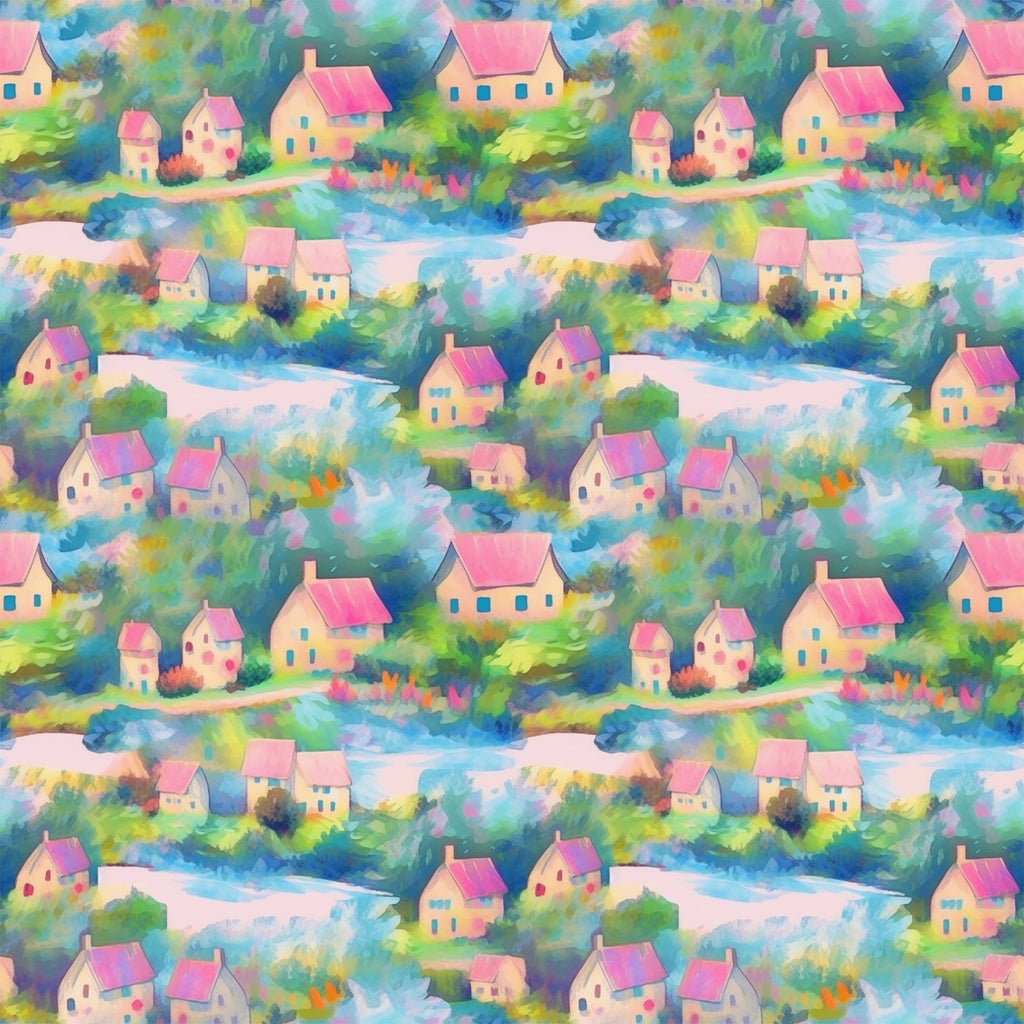 impressionist style, watercolor houses, pink roofs, blue windows, pastel colors, village scene, cottages, green foliage, soft brushstrokes, dreamy landscape,, fabric panel, artistic pattern, peaceful village, colorful homes, garden flowers, whimsical houses, monet inspired, painterly effect, repeating motif