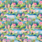 impressionist style, watercolor houses, pink roofs, blue windows, pastel colors, village scene, cottages, green foliage, soft brushstrokes, dreamy landscape,, fabric panel, artistic pattern, peaceful village, colorful homes, garden flowers, whimsical houses, monet inspired, painterly effect, repeating motif