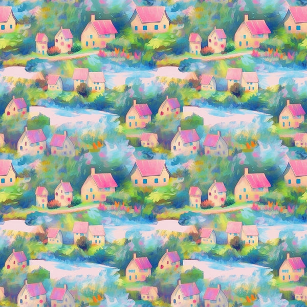 impressionist style, watercolor houses, pink roofs, blue windows, pastel colors, village scene, cottages, green foliage, soft brushstrokes, dreamy landscape,, fabric panel, artistic pattern, peaceful village, colorful homes, garden flowers, whimsical houses, monet inspired, painterly effect, repeating motif