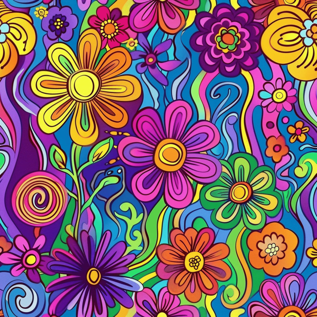 rainbow colors, psychedelic flowers, hippie style, retro pattern, vibrant purple, hot pink, electric blue, bright yellow, orange blooms, groovy swirls, 1960s inspired, flower power, kaleidoscope design,, fabric panel, bohemian motif, colorful daisies, peace era, summer vibes