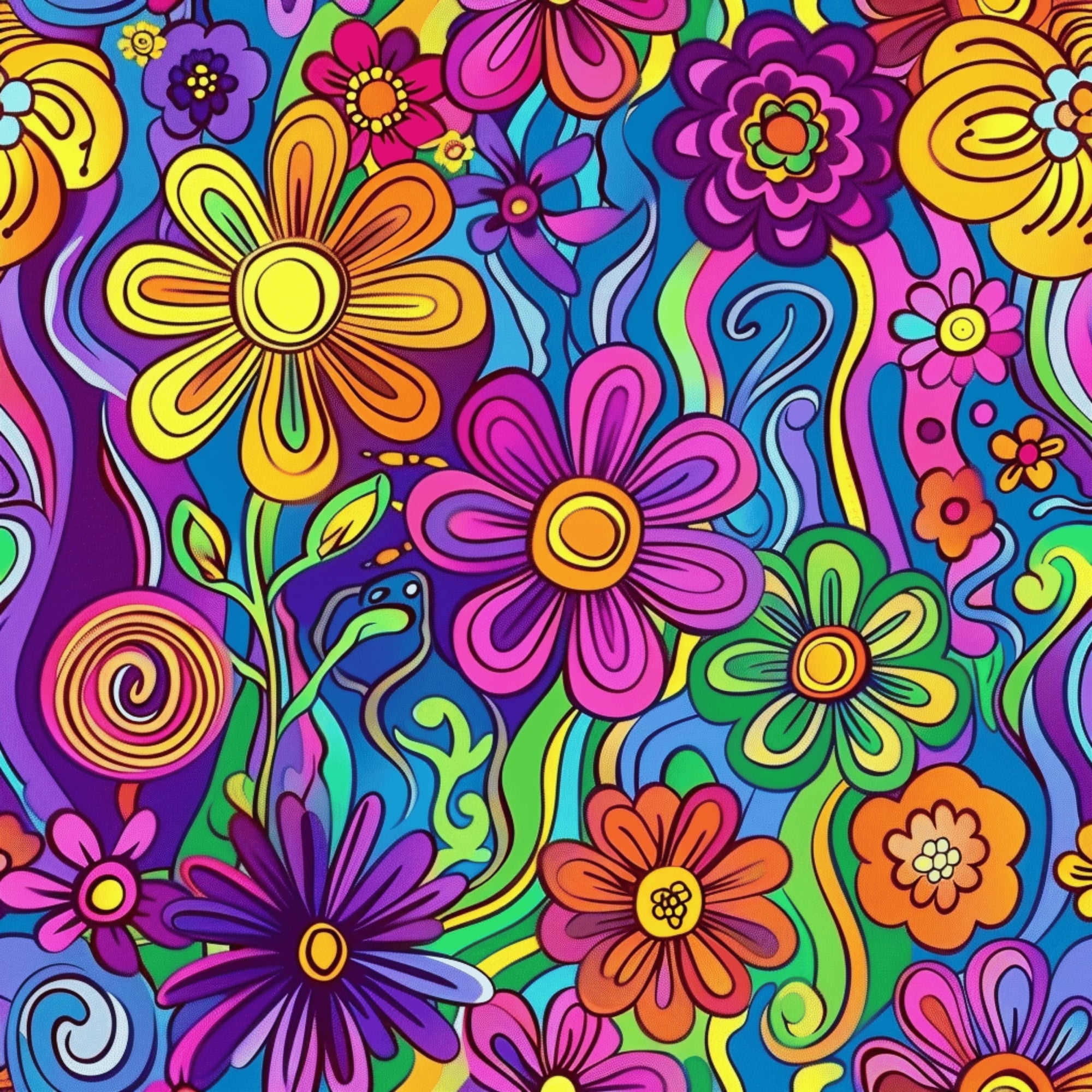 rainbow colors, psychedelic flowers, hippie style, retro pattern, vibrant purple, hot pink, electric blue, bright yellow, orange blooms, groovy swirls, 1960s inspired, flower power, kaleidoscope design,, fabric panel, bohemian motif, colorful daisies, peace era, summer vibes