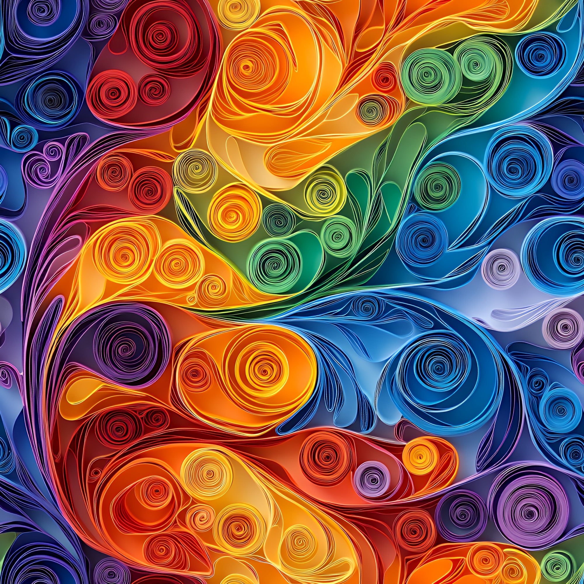 abstract art, paper quilling, swirls, spirals, vibrant colors, rainbow spectrum, red, orange, yellow, green, blue, purple, flowing curves, dimensional design, colorful swirls,, fabric panel, modern art, geometric patterns, bright colors