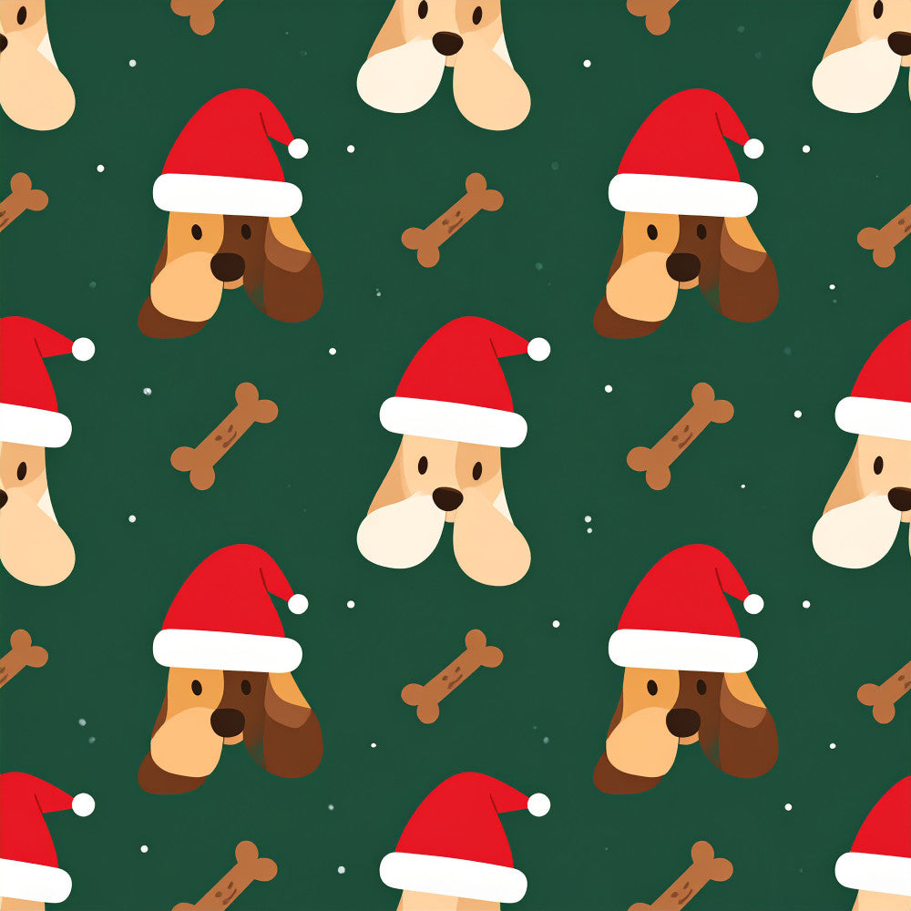 forest green, red, cream, tan, brown, holiday, christmas, dogs, puppies, santa hats, bones, festive, whimsical, playful, cute, kids, children, christmas themed, seasonal, winter, pet lovers, dog lovers, animal print, cheerful, jolly, snowy, santa theme, child's room, playroom, nursery