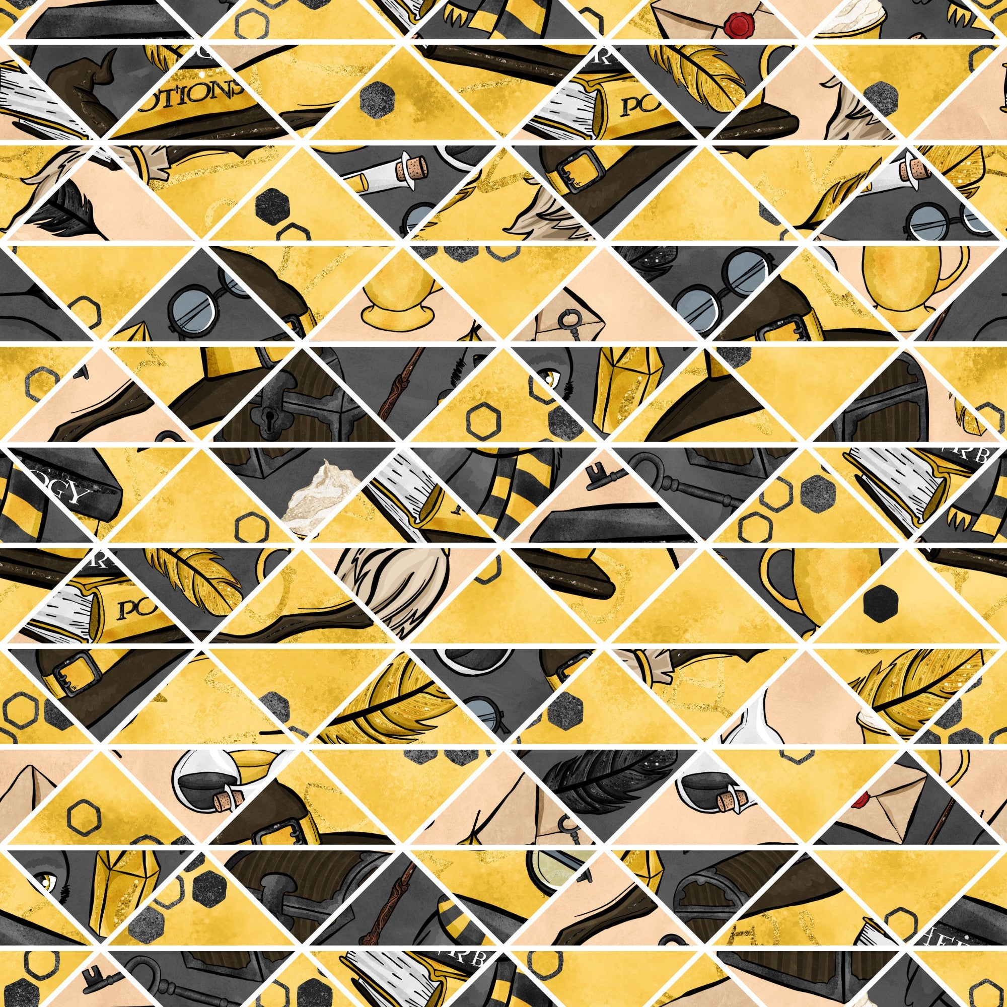 mustard yellow, charcoal gray, peach, diamond pattern, geometric layout, wizard theme, magical elements, feathers, hexagons, potion bottles, wizard hats, spell books, mystical objects, fantasy motifs,, fabric panel, whimsical illustration, magical school, enchanted items, occult symbols