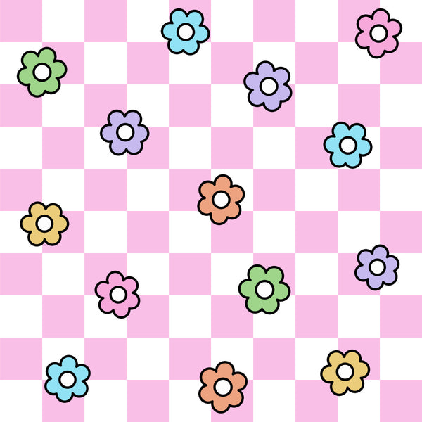 pastel pink, light blue, pale green, soft yellow, lavender purple, coral orange, checkerboard, floral, flowers, whimsical, playful, cute, cheerful, spring, summer, nursery, kids room, playroom, baby shower, toddler, children's, sweet, colorful, multi-color, daisy flowers, simple flowers, retro, vintage, modern, fun