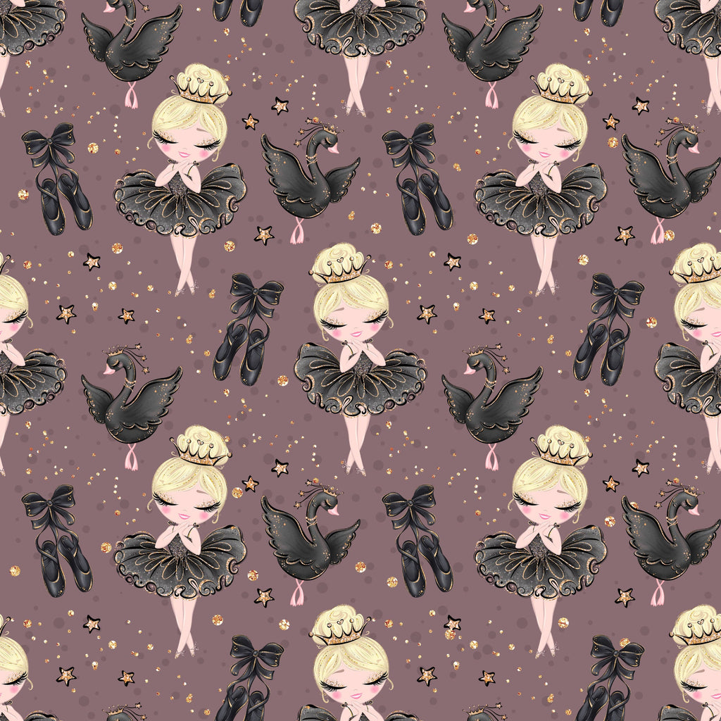 mauve background, blonde ballerina, black tutu, ballet shoes, swan motif, gold stars, crown tiara, ribbon bow, whimsical illustration, cute character, dance theme, elegant pattern,, fabric panel, soft pastels, repeating design, children's fabric, nursery decor, graceful pose, sparkle accents