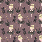 mauve background, blonde ballerina, black tutu, ballet shoes, swan motif, gold stars, crown tiara, ribbon bow, whimsical illustration, cute character, dance theme, elegant pattern,, fabric panel, soft pastels, repeating design, children's fabric, nursery decor, graceful pose, sparkle accents