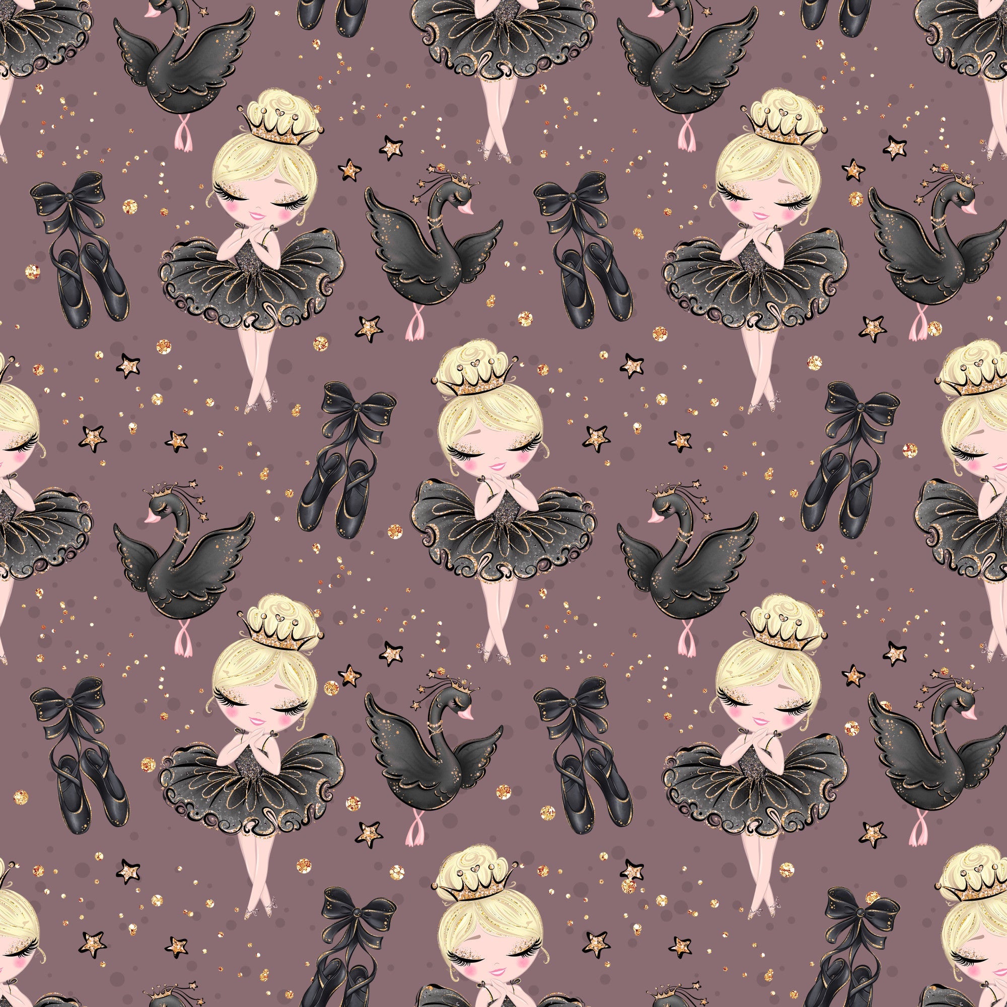 mauve background, blonde ballerina, black tutu, ballet shoes, swan motif, gold stars, crown tiara, ribbon bow, whimsical illustration, cute character, dance theme, elegant pattern,, fabric panel, soft pastels, repeating design, children's fabric, nursery decor, graceful pose, sparkle accents