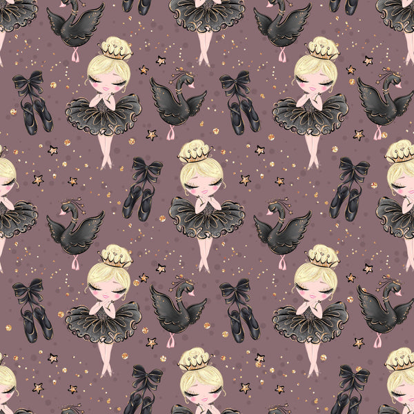 mauve background, blonde ballerina, black tutu, ballet shoes, swan motif, gold stars, crown tiara, ribbon bow, whimsical illustration, cute character, dance theme, elegant pattern,, fabric panel, soft pastels, repeating design, children's fabric, nursery decor, graceful pose, sparkle accents