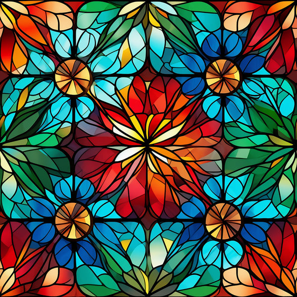 stained glass, kaleidoscope pattern, christmas fabric,, fabric panel, red, orange, blue, green, yellow, turquoise, geometric design, radial symmetry, floral motifs, mosaic style, vibrant colors, festive pattern, decorative glass, church window style, holiday quilting