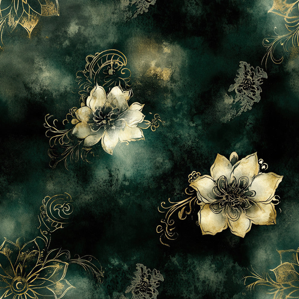 forest green, deep teal, cream, ivory, white, gold, botanical floral, ornamental flowers, vintage botanical, elegant floral, damask, decorative scrollwork, nature, botanical art, vintage, elegant, sophisticated, timeless, ornate, detailed line work, peony, flourishes, curled vines, home decor, upholstery, traditional, classic, romantic, botanical illustration, jewel tones