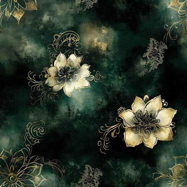 forest green, deep teal, cream, ivory, white, gold, botanical floral, ornamental flowers, vintage botanical, elegant floral, damask, decorative scrollwork, nature, botanical art, vintage, elegant, sophisticated, timeless, ornate, detailed line work, peony, flourishes, curled vines, home decor, upholstery, traditional, classic, romantic, botanical illustration, jewel tones