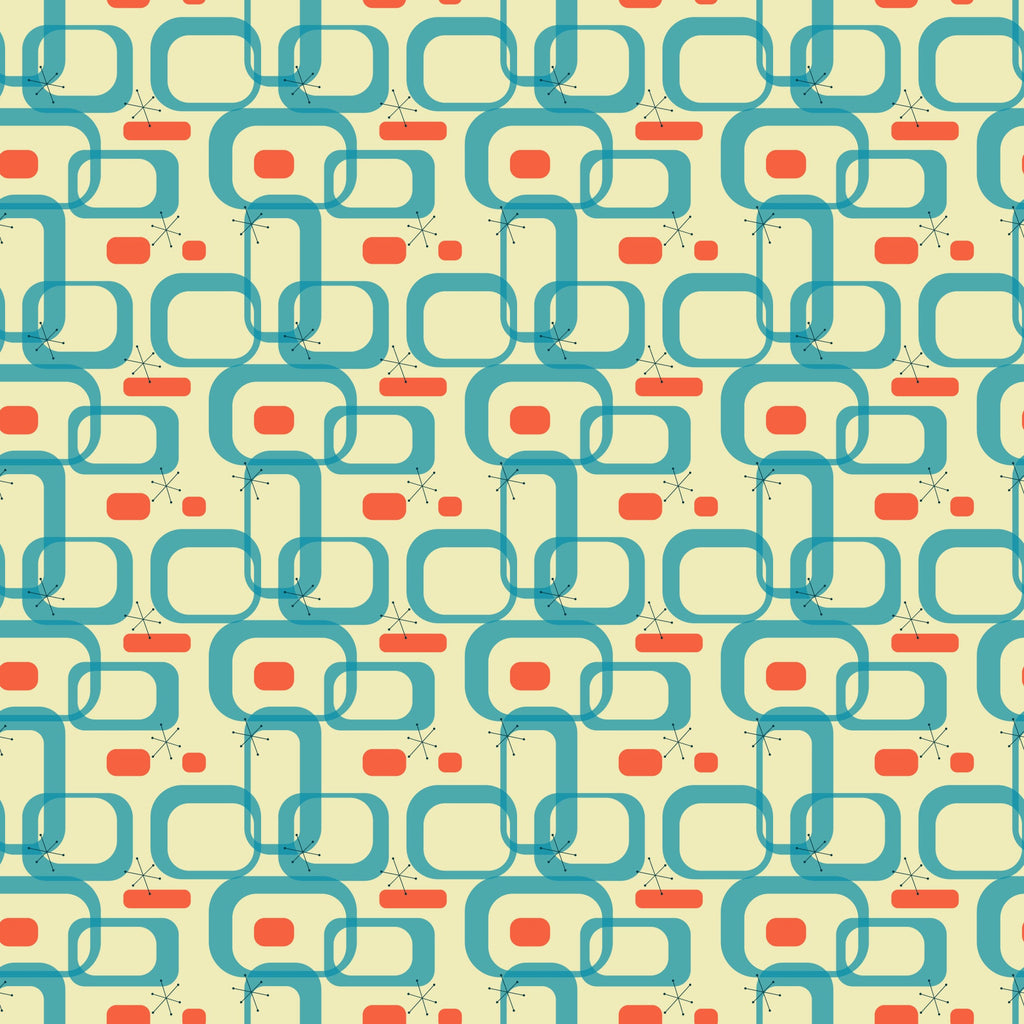 teal, orange, cream, atomic age, mid-century modern, geometric shapes, interlocking chains, starburst motifs, retro pattern, 1950s style,, fabric panel, vintage design, atomic elements, boomerang shapes, rectangular forms, modernist aesthetic, repetitive pattern, coral accents, turquoise blue