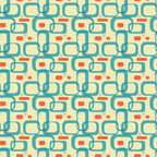 teal, orange, cream, atomic age, mid-century modern, geometric shapes, interlocking chains, starburst motifs, retro pattern, 1950s style,, fabric panel, vintage design, atomic elements, boomerang shapes, rectangular forms, modernist aesthetic, repetitive pattern, coral accents, turquoise blue