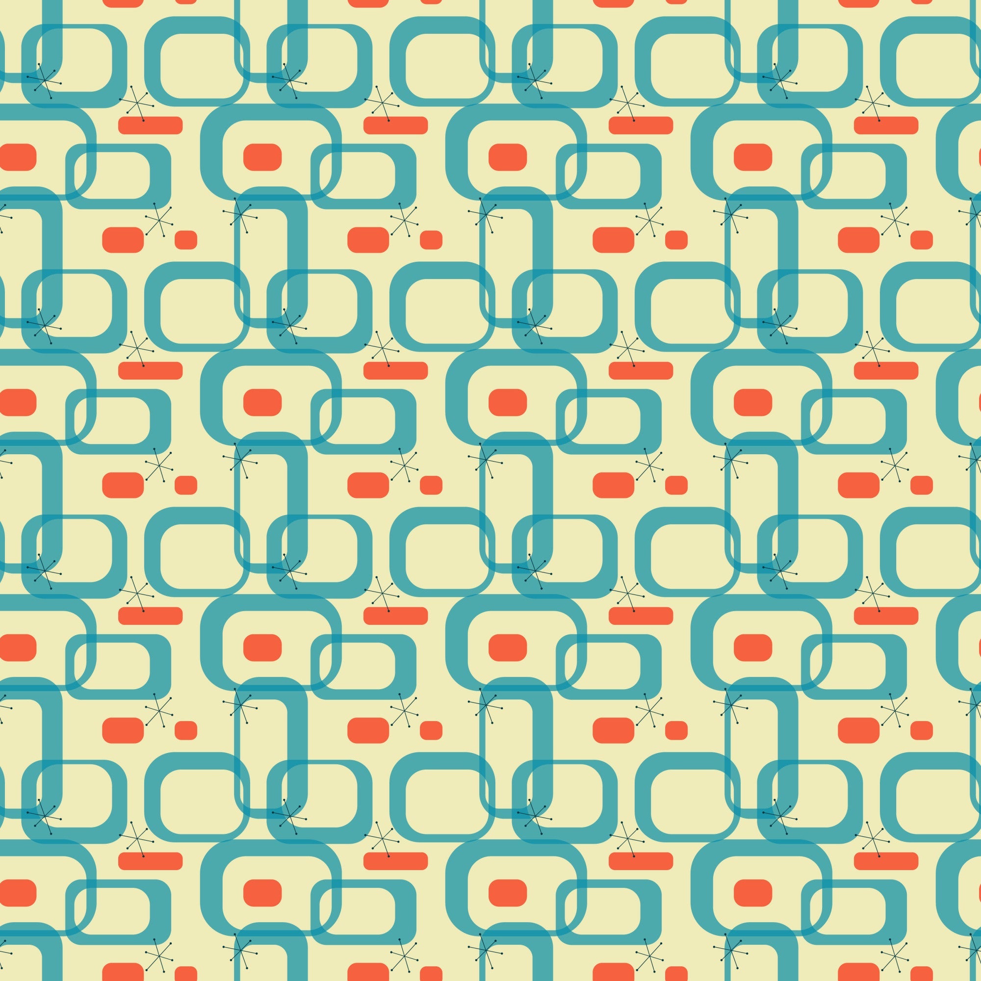teal, orange, cream, atomic age, mid-century modern, geometric shapes, interlocking chains, starburst motifs, retro pattern, 1950s style,, fabric panel, vintage design, atomic elements, boomerang shapes, rectangular forms, modernist aesthetic, repetitive pattern, coral accents, turquoise blue