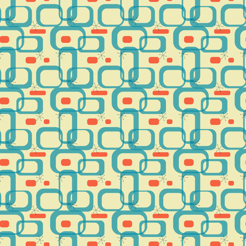 teal, orange, cream, atomic age, mid-century modern, geometric shapes, interlocking chains, starburst motifs, retro pattern, 1950s style, quilting cotton, fabric panel, vintage design, atomic elements, boomerang shapes, rectangular forms, modernist aesthetic, repetitive pattern, coral accents, turquoise blue