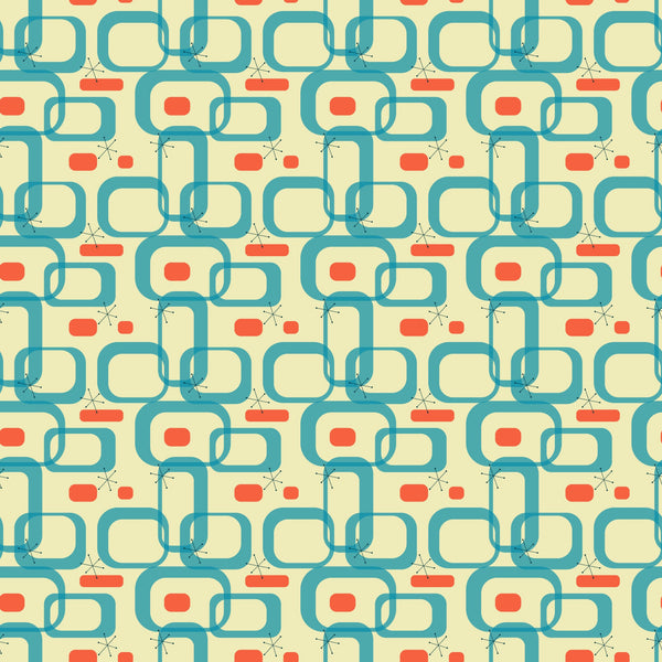 teal, orange, cream, atomic age, mid-century modern, geometric shapes, interlocking chains, starburst motifs, retro pattern, 1950s style, quilting cotton, fabric panel, vintage design, atomic elements, boomerang shapes, rectangular forms, modernist aesthetic, repetitive pattern, coral accents, turquoise blue