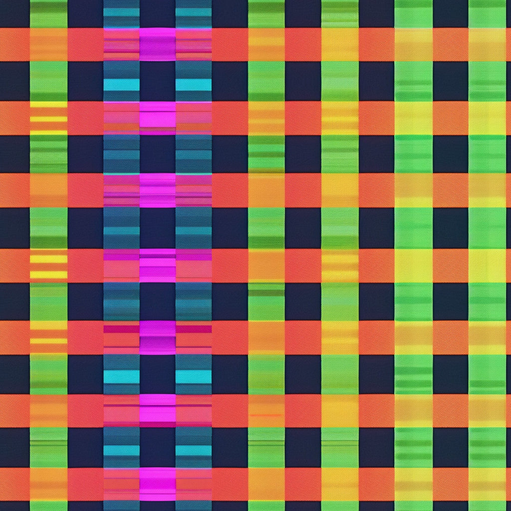neon colors, bright pink, electric green, cyan blue, orange, yellow, gingham pattern, checkered design, plaid weave, geometric blocks, vibrant hues, fluorescent tones,, fabric panel, retro style, 80s aesthetic, eye-catching, high contrast, colorful squares, woven texture