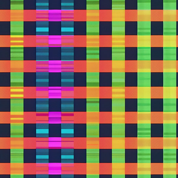neon colors, bright pink, electric green, cyan blue, orange, yellow, gingham pattern, checkered design, plaid weave, geometric blocks, vibrant hues, fluorescent tones,, fabric panel, retro style, 80s aesthetic, eye-catching, high contrast, colorful squares, woven texture