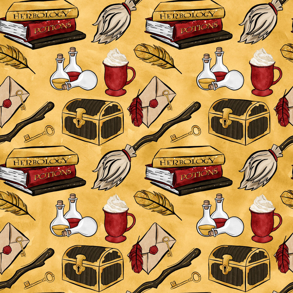 golden yellow background, wizard school theme, magic potions, spell books, herbology textbooks, broomsticks, treasure chests, crystal balls, potion bottles, feather quills, envelope letters, red accents, brown leather, glass vials, whipped cream drinks, magical accessories, fantasy pattern,, repeating motifs, enchanted objects