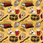 golden yellow background, wizard school theme, magic potions, spell books, herbology textbooks, broomsticks, treasure chests, crystal balls, potion bottles, feather quills, envelope letters, red accents, brown leather, glass vials, whipped cream drinks, magical accessories, fantasy pattern,, repeating motifs, enchanted objects