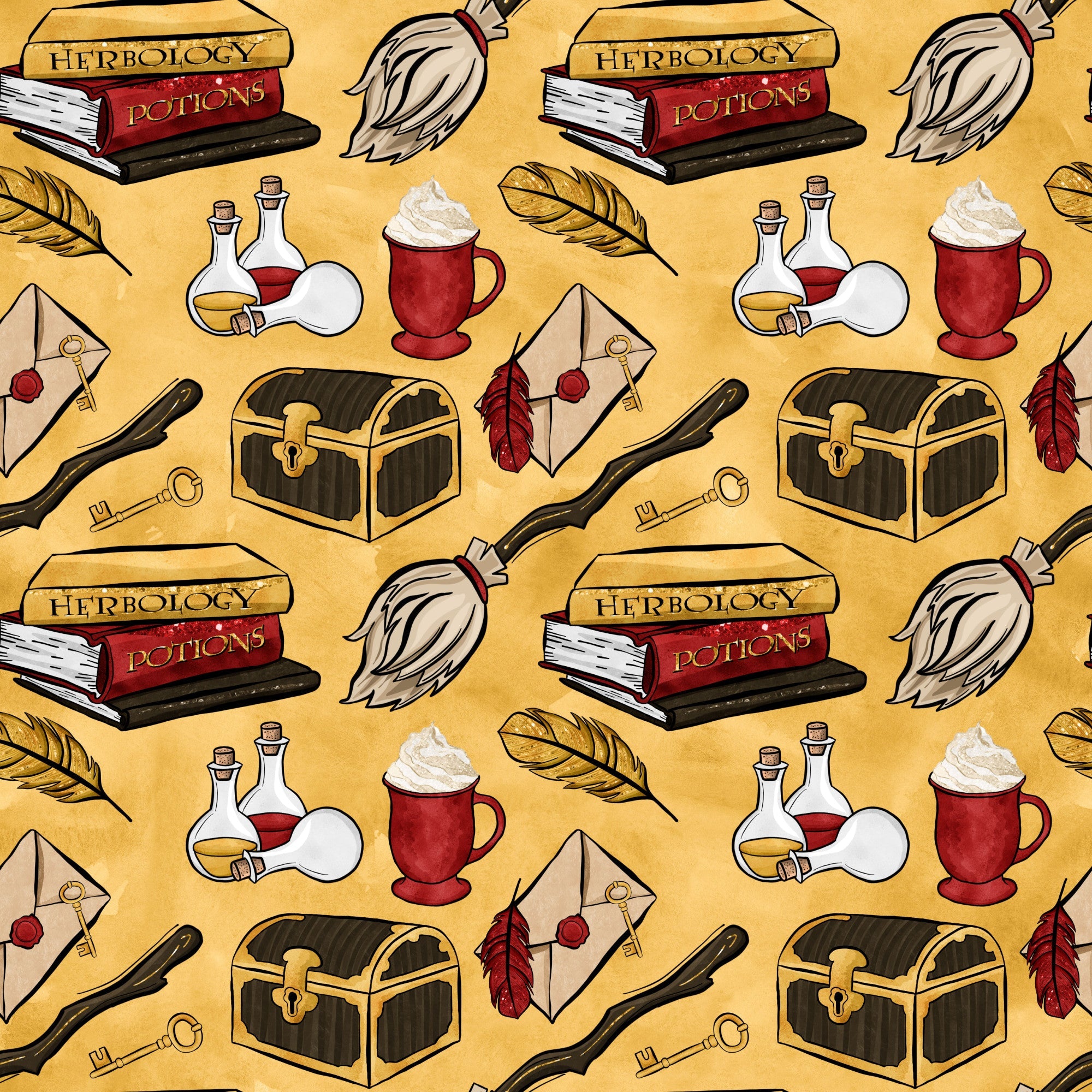 golden yellow background, wizard school theme, magic potions, spell books, herbology textbooks, broomsticks, treasure chests, crystal balls, potion bottles, feather quills, envelope letters, red accents, brown leather, glass vials, whipped cream drinks, magical accessories, fantasy pattern,, repeating motifs, enchanted objects