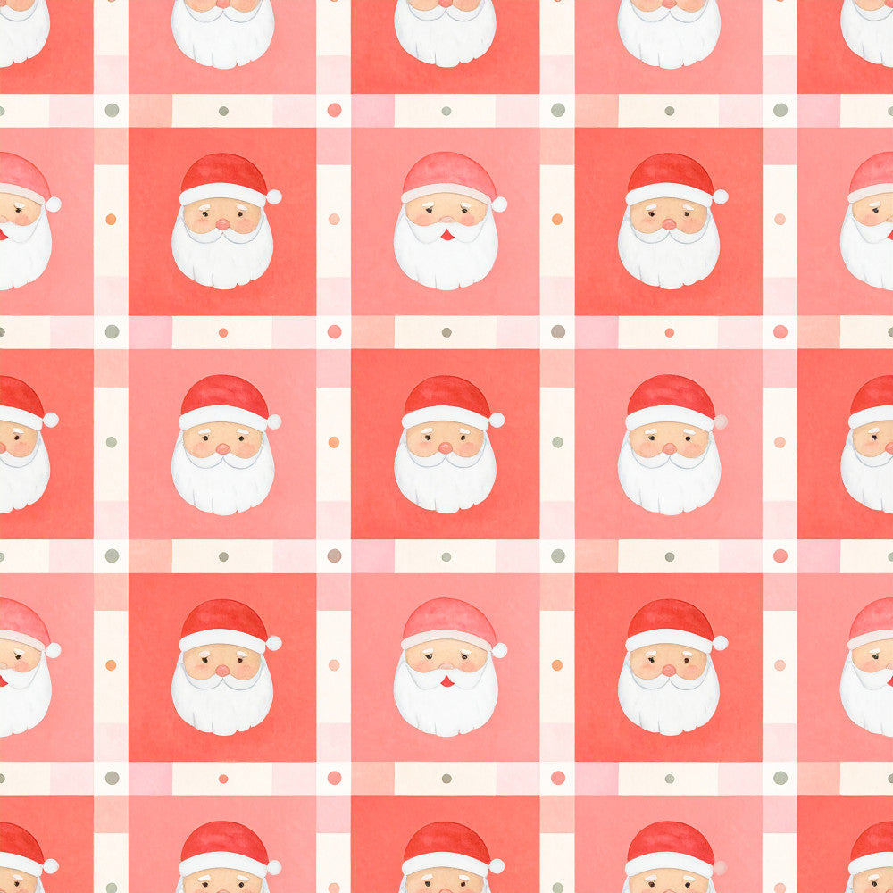 coral red, cream white, santa claus, christmas, holiday, festive, whimsical, cute, playful, geometric grid, checkered, striped, santa faces, red and white, jolly, traditional christmas, kids room, nursery, baby shower, seasonal decor, cheerful, retro christmas, vintage holiday, soft pastels, children's, family-friendly